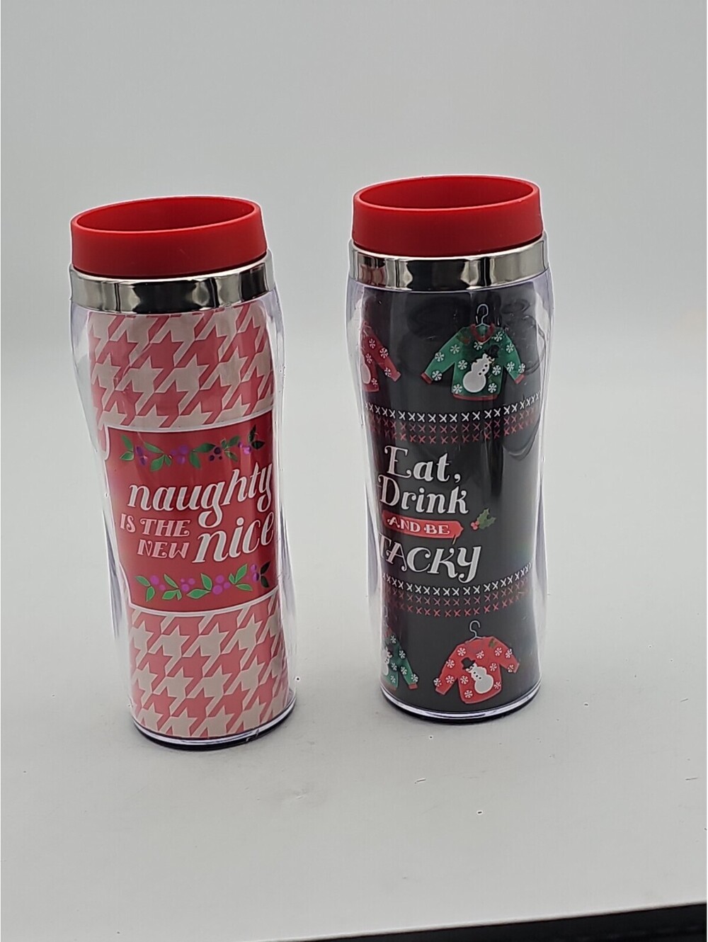 Lot of 2 Christmas Travel Mugs Naughty New Nice Eat Drink Be Tacky 16oz"
